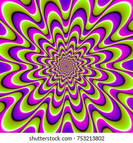 Green, pink and purple spirals. Motion illusion.