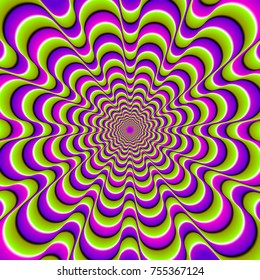 Green, pink and purple spirals. Motion illusion.