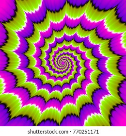 Green, pink and purple spirals. Optical expansion illusion.