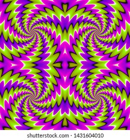 Green, pink and purple spirals. Spin illusion. Seamless pattern.