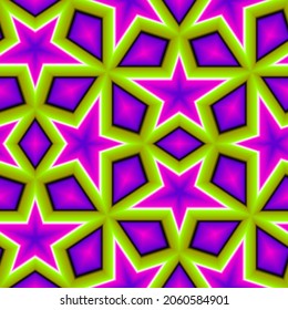 Green, pink and purple wrapping paper with shining stars. Motion illusion. Seamless pattern.