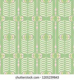 Green and Pink Retro Ogee Background Vector Seamless Pattern. Modern Classic Geometric pattern. Cream Feathers Print