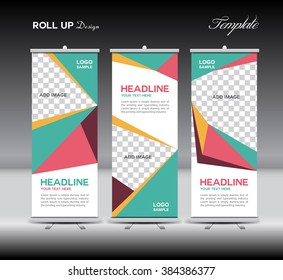Green and pink Roll Up Banner template vector illustration, polygon background, advertisement, display, flyer layout