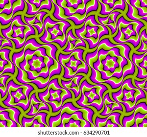 Green and pink seamless pattern with flowers. Optical illusion of movement.