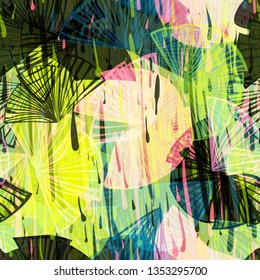 Green and pink seamless texture with blots and floral pattern. Abstract vector background.
