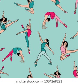 Green and pink seamless vector background with elements of dancing ballerinas. Perfect for fabric, gift wrap, dance studios, wall paper, invitations, quilting, scrapbooking home decor and projects.