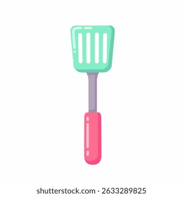 Uma espátula verde e rosa com fenda para cozinhar na cozinha