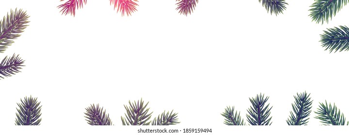 Green and pink spruce branches frame. Christmas frame on white background. Space for text. Vector illustration.
