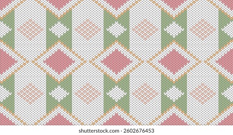 Green and pink square knitted pattern, Festive Sweater Design. Seamless Knitted Pattern