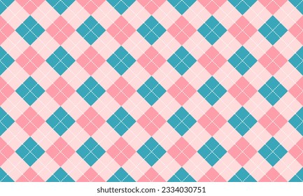 Green and pink squares with thin white dotted line on light pink background. Argyle Pattern. Vector Repeating Textures.