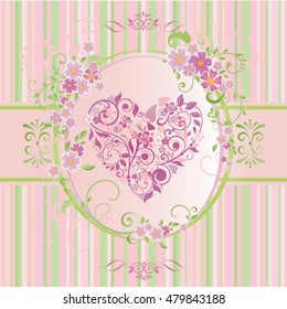 Green and pink stripes, floral heart and floral ornament