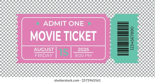 Green and pink ticket with customizable text. Retro ticket template in vintage style for cinema, theater, circus and casino. High quality EPS 10 vector illustration.