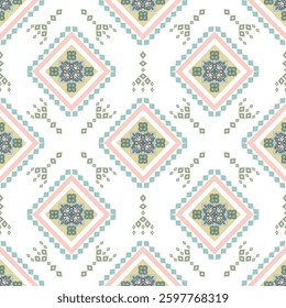 Green and pink Tribal ethnic vector seamless pattern. Aztec style ornamental background. Geometric native American pattern. Idea for wallpaper, textiles, rugs, carpets, and curtains.