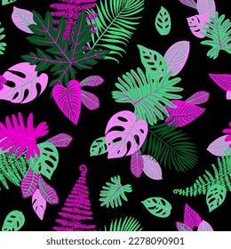 Green and pink tropical trendy leaves and flowers. Black background graphic plants. Pattern