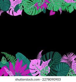 Green and pink tropical trendy leaves and flowers. Black background graphic plants. 