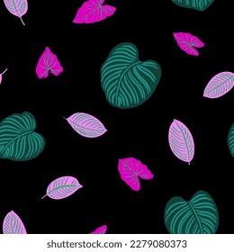 Green and pink tropical trendy leaves and flowers. Black background graphic plants. Pattern