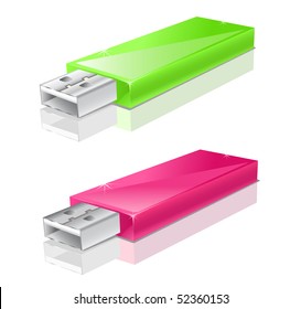 green and pink usb flash drive isolated on white background