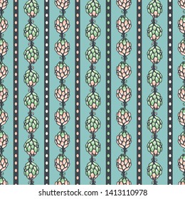 Green pink vector artichoke flower stripes seamless texture pattern background. Surface pattern design for fabric, paper, backgrounds