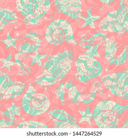 Green and pink vector ornate seahorse, starfish and seashell seamless pattern background with stamp texture overlay. EPS10 file with transparency mode.