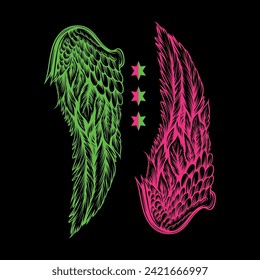 green and pink wings flying in the middle of three stars