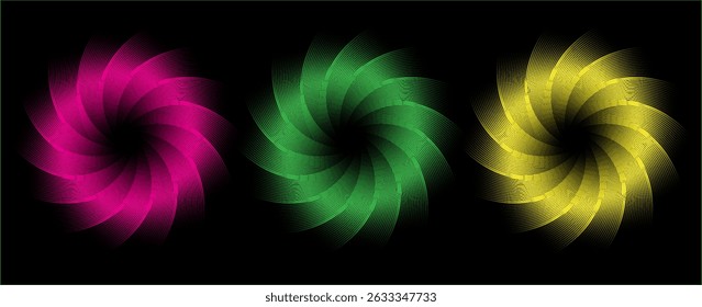 Green, pink and yellow metal circle frames 3d vector realistic illustration. First, second and third place medals or buttons isolated on white background. Certified. Quality blank, empty badge set.