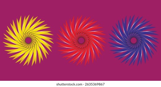 Green, pink and yellow metal circle frames 3d vector realistic illustration. First, second and third place medals or buttons isolated on white background. Certified. Quality blank, empty badge set.