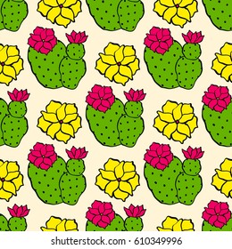 green pinky blossom cactus seamless pattern, cactus outline trend illustration. mexican background. print design for textile.