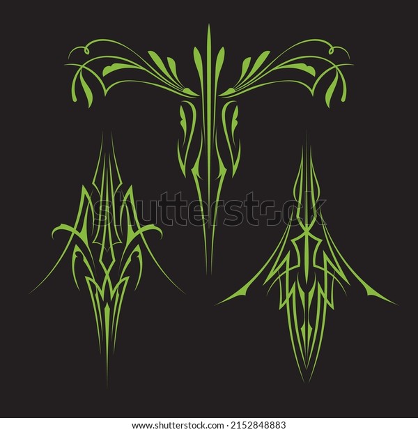 Green Pinstriping tribal art design\
motorcycle and car\
illustration