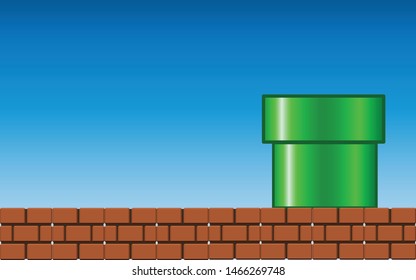 Green Pipe and brick on Blue Background