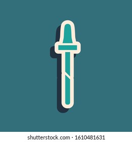 Green Pipette icon isolated on blue background. Element of medical, cosmetic, chemistry lab equipment. Long shadow style. Vector Illustration