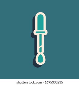 Green Pipette icon isolated on green background. Element of medical, chemistry lab equipment. Pipette with drop. Medicine symbol. Long shadow style. Vector Illustration