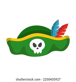 Green pirate hat vector illustration. Cartoon drawing of pirate head wear isolated on white background. History, pirates, accessories, Halloween concept