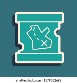 Green Pirate treasure map icon isolated on blue background. Long shadow style. Vector Illustration