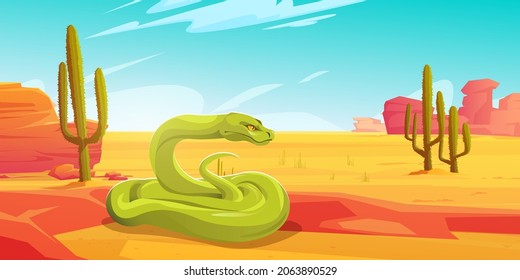 Green pit viper, exotic snake in desert. Vector cartoon illustration of desert landscape with hot sand, mountains, cactuses and wild serpent with coiled long tail