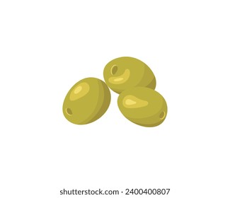 Green pitted olives in cartoon style. Vector illustration of green olives branch isolated on white background.Flat simple design element for packaging, and olive products. 