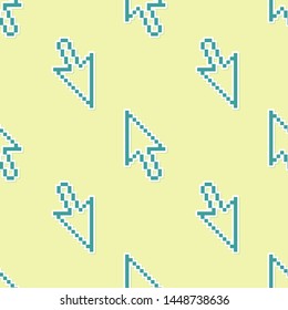 Green Pixel arrow cursor icon isolated seamless pattern on yellow background.  Vector Illustration