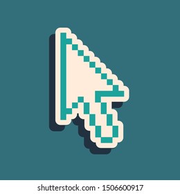 Green Pixel arrow cursor icon isolated on blue background. Long shadow style. Vector Illustration
