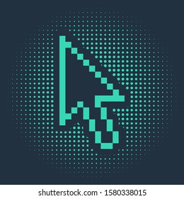 Green Pixel arrow cursor icon isolated on blue background. Abstract circle random dots. Vector Illustration