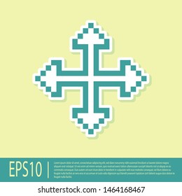 Green Pixel arrows in four directions icon isolated on yellow background. Cursor move sign.  Vector Illustration