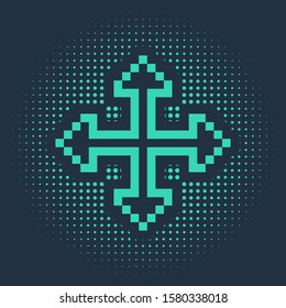 Green Pixel arrows in four directions icon isolated on blue background. Cursor move sign. Abstract circle random dots. Vector Illustration