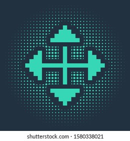 Green Pixel arrows in four directions icon isolated on blue background. Cursor move sign. Abstract circle random dots. Vector Illustration