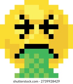 Green pixel art emoticon looking queasy and sick. Fun 8 bit digital icon with a nauseated expression, ideal for retro messaging themes, sticker packs, or nostalgic pixel art collections.