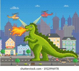 Green pixel dragon with fire. Helicopters battling with pixelated dinosaur. Pixel-game hero destroys houses. Cartoon character on city background. Flying machines stop monster attack on humanity