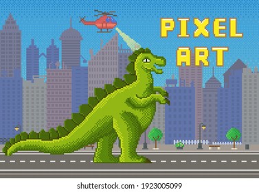 Green pixel dragon with fire. Helicopters battling with pixelated dinosaur. Pixel-game hero destroys houses. Cartoon character on city background. Flying machines stop monster attack on humanity