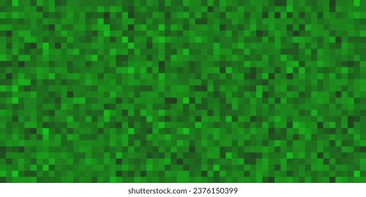 Green pixel grass seamless pattern. Farm, lane or earth game surface texture. Pixelart computer background with dithering. Vector illustration in retro style.