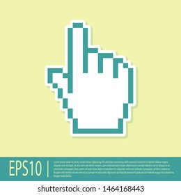 Green Pixel hand cursor icon isolated on yellow background. Pointer hand cursor.  Vector Illustration
