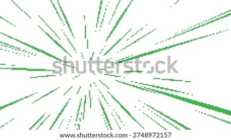 Green pixel radial burst pattern expanding from center, creating energetic digital motion effect, abstract geometric technology style artwork on bright white background