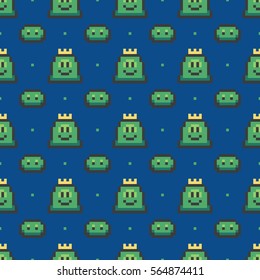 Green pixel slimes, retro video game characters seamless pattern background.