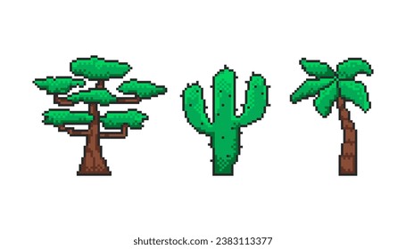 Green pixel tree, cactus and palm, forest elements 8-bit sprite. Isolated vector illustration for pixel art games.