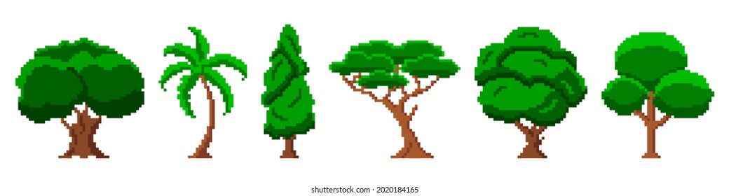 Green pixel trees in garden. Bulky solid oak with tropical palm and tall pine. Abstract savanna baobab with ancient branchy cedar. Retro 8bit graphics for pc games and vector presentations